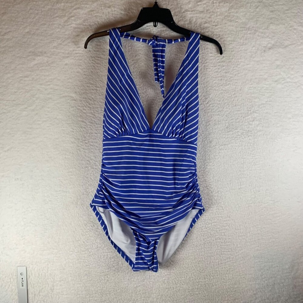 Tommy Hilfiger Women's Blue Striped Halter Tie One Piece Swimsuit Size 14 NWT